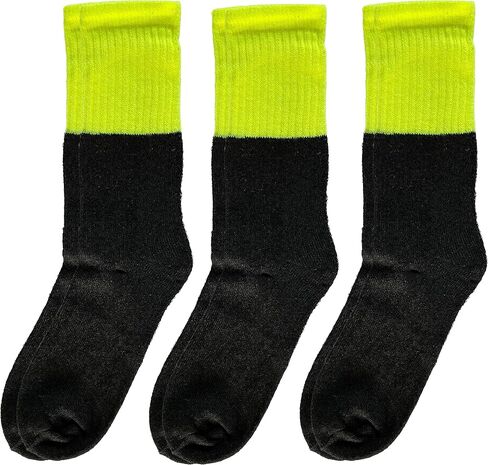 Men's Neon Yellow & Black Crew Socks for Work or Play, 3 Pairs, Neon Yellow / Black, L in Saudi Arabia
