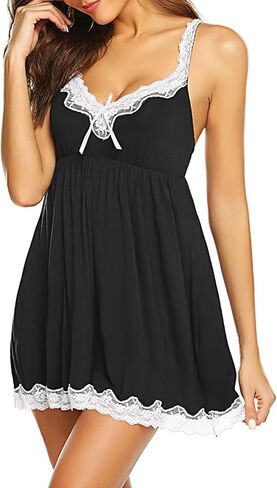 فستان بيبي دول لانجيري نسائي من Aossfre برقبة على شكل حرف V من الدانتيل وقميص كامل الانزلاق in Kuwait