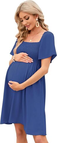 KOJOOIN Maternity Dress Summer Women Tie Back Square Neck Puff Sleeve Off Shoulder Pregnancy Baby Shower Dress in Saudi Arabia