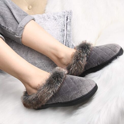 شبشب منزل شتوي من الإسفنج الذكي من DL للنساء مع ياقة من الفرو، شبشب داخلي مريح وناعم ودافئ للنساء، شبشب داخلي مغلق غير قابل للانزلاق، مريح للنساء، حذاء منزلي أسود ورمادي وبورجوندي بحري in Kuwait