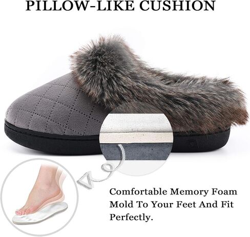 شبشب منزل شتوي من الإسفنج الذكي من DL للنساء مع ياقة من الفرو، شبشب داخلي مريح وناعم ودافئ للنساء، شبشب داخلي مغلق غير قابل للانزلاق، مريح للنساء، حذاء منزلي أسود ورمادي وبورجوندي بحري in Kuwait