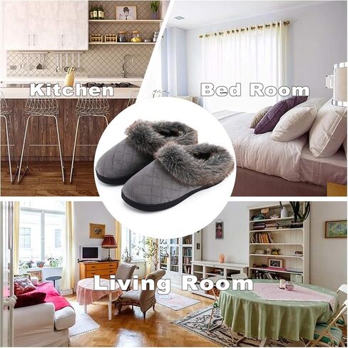 شبشب منزل شتوي من الإسفنج الذكي من DL للنساء مع ياقة من الفرو، شبشب داخلي مريح وناعم ودافئ للنساء، شبشب داخلي مغلق غير قابل للانزلاق، مريح للنساء، حذاء منزلي أسود ورمادي وبورجوندي بحري in Kuwait