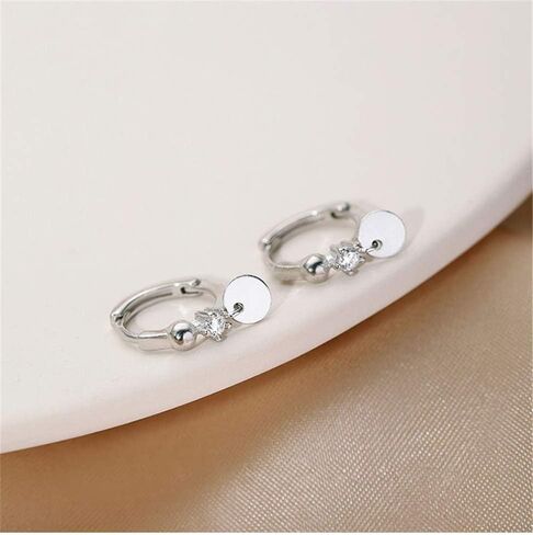 Ball Bead Disc Small Cartilage Hoop Sterling Silver Earrings for Women Girls Tiny Cubic Zirconia CZ Sequin Dangle Drop Huggie 7.5mm Hoops Hypoallergenic Dainty Jewelry for Petite Earlobe in Saudi Arabia