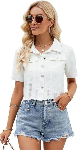 Womens Short Sleeve Denim Jacket Lapel Button Down Cropped Trucker Jean Jackets Coats in Saudi Arabia
