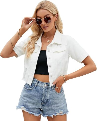 Womens Short Sleeve Denim Jacket Lapel Button Down Cropped Trucker Jean Jackets Coats in Saudi Arabia