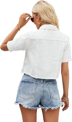 Womens Short Sleeve Denim Jacket Lapel Button Down Cropped Trucker Jean Jackets Coats in Saudi Arabia