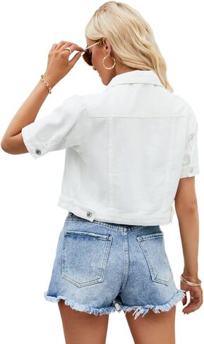 Womens Short Sleeve Denim Jacket Lapel Button Down Cropped Trucker Jean Jackets Coats in Saudi Arabia