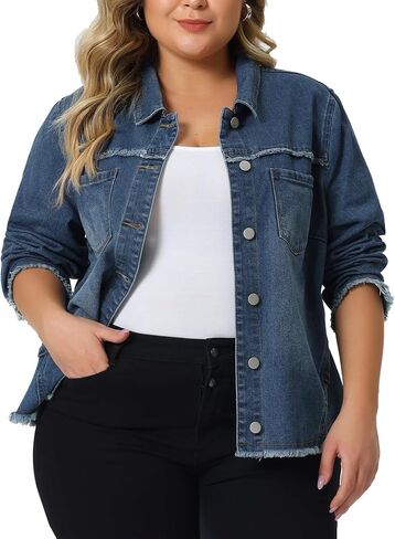 Agnes Orinda Plus Size Denim Jacket for Women Frayed Hem Classic Washed 2023 Denim Jean Jackets in Saudi Arabia