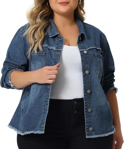 Agnes Orinda Plus Size Denim Jacket for Women Frayed Hem Classic Washed 2023 Denim Jean Jackets in Saudi Arabia