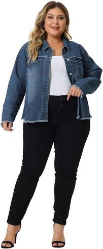Agnes Orinda Plus Size Denim Jacket for Women Frayed Hem Classic Washed 2023 Denim Jean Jackets in Saudi Arabia