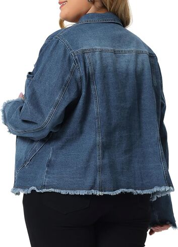 Agnes Orinda Plus Size Denim Jacket for Women Frayed Hem Classic Washed 2023 Denim Jean Jackets in Saudi Arabia