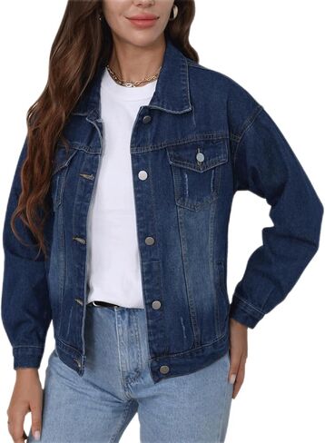 جاكيت FWAY للسيدات من قماش الدنيم المنقوش والمغسول، جاكيت جينز كلاسيكي قابل للتمدد للنساء in Kuwait