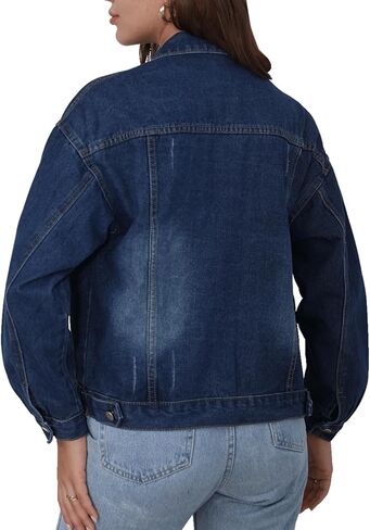 جاكيت FWAY للسيدات من قماش الدنيم المنقوش والمغسول، جاكيت جينز كلاسيكي قابل للتمدد للنساء in Kuwait