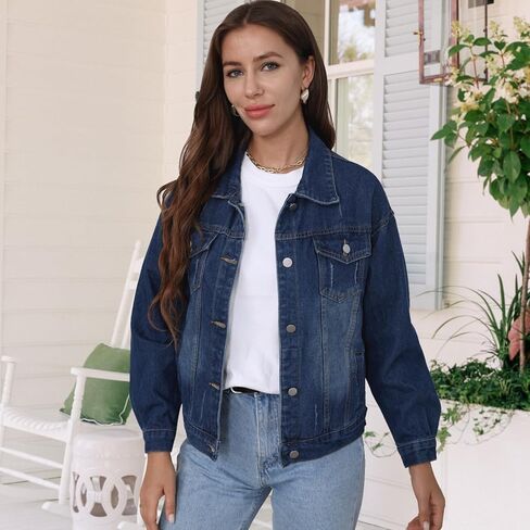 جاكيت FWAY للسيدات من قماش الدنيم المنقوش والمغسول، جاكيت جينز كلاسيكي قابل للتمدد للنساء in Kuwait