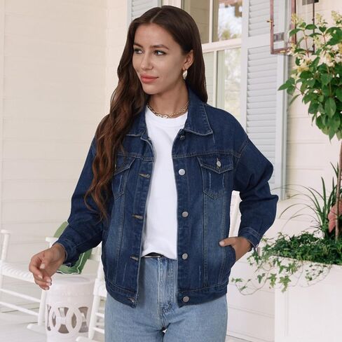 جاكيت FWAY للسيدات من قماش الدنيم المنقوش والمغسول، جاكيت جينز كلاسيكي قابل للتمدد للنساء in Kuwait