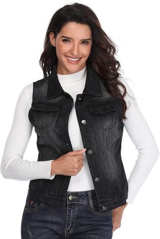 MISS MOLY Women’s Sleeveless Cotton Denim Vest Classic Washed Button Up Casual Jean Jacket w 2 Flap Pockets in Saudi Arabia
