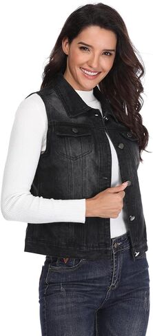 MISS MOLY Women’s Sleeveless Cotton Denim Vest Classic Washed Button Up Casual Jean Jacket w 2 Flap Pockets in Saudi Arabia