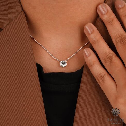 FACETS JEWELS 6.5 MM 1Carat Round Cut Full White Moissanite Diamond Necklace 18'' Inch Adjustable Chain Necklace Pendants for Women in 925 Sterling Silver 18K Gold Plated in Kuwait