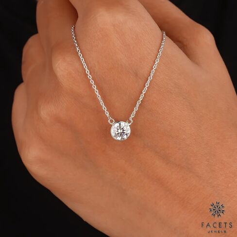 FACETS JEWELS 6.5 MM 1Carat Round Cut Full White Moissanite Diamond Necklace 18'' Inch Adjustable Chain Necklace Pendants for Women in 925 Sterling Silver 18K Gold Plated in Kuwait