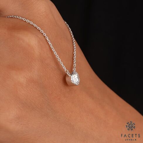FACETS JEWELS 6.5 MM 1Carat Round Cut Full White Moissanite Diamond Necklace 18'' Inch Adjustable Chain Necklace Pendants for Women in 925 Sterling Silver 18K Gold Plated in Kuwait