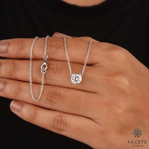 FACETS JEWELS 6.5 MM 1Carat Round Cut Full White Moissanite Diamond Necklace 18'' Inch Adjustable Chain Necklace Pendants for Women in 925 Sterling Silver 18K Gold Plated in Kuwait