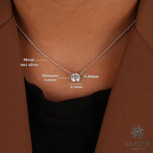 FACETS JEWELS 6.5 MM 1Carat Round Cut Full White Moissanite Diamond Necklace 18'' Inch Adjustable Chain Necklace Pendants for Women in 925 Sterling Silver 18K Gold Plated in Kuwait