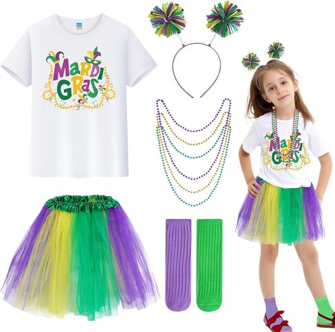 مجموعة إكسسوارات أزياء CAMDUCK 7 قطع للأطفال من Mardi Gras، تي شيرت Mardi Gras وعصابة رأس تنورة توتو وجوارب وقلادة من الخرز in Kuwait
