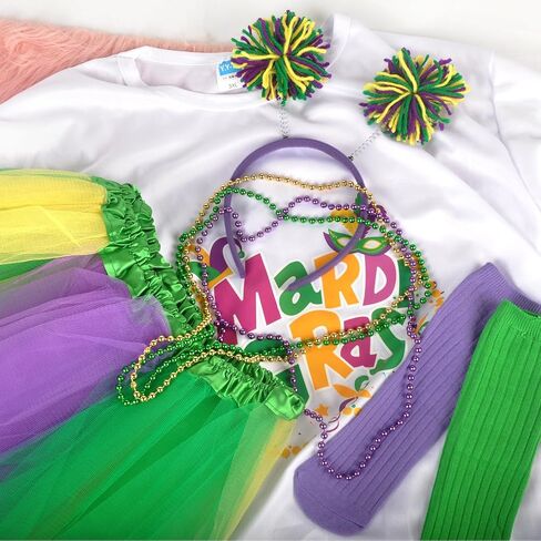 مجموعة إكسسوارات أزياء CAMDUCK 7 قطع للأطفال من Mardi Gras، تي شيرت Mardi Gras وعصابة رأس تنورة توتو وجوارب وقلادة من الخرز in Kuwait