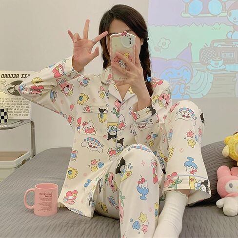 Oxsioeih Kawaii بيجامة للنساء بيجامة بانت طقم مكون من قطعتين لطيف الكرتون الفتيات ملابس خاصة المنزل سترة الملابس in Saudi Arabia