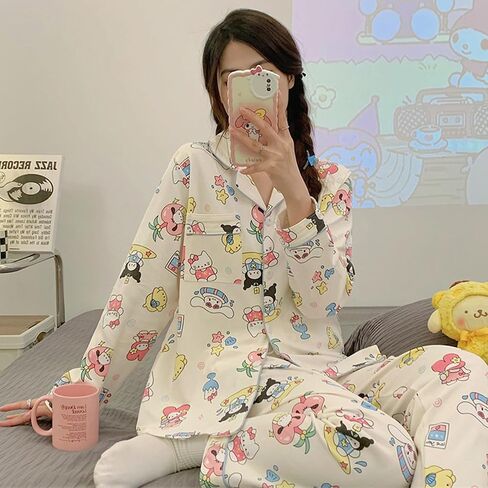 Oxsioeih Kawaii بيجامة للنساء بيجامة بانت طقم مكون من قطعتين لطيف الكرتون الفتيات ملابس خاصة المنزل سترة الملابس in Saudi Arabia