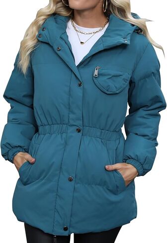 Bess We Women's Winter Puffer Jacket Long Quilted Lightweight Wrap Coat Hooded Padded Coat with Pocket in Kuwait
