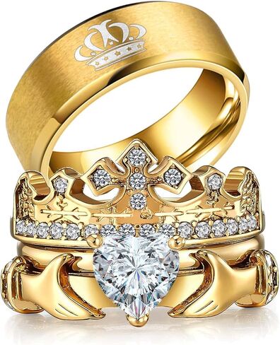 Ringheart خواتم زوجين مطابقة خاتم Claddagh خاتم الذهب الأصفر مطلي النساء خواتم الزفاف مجموعات له ولها in Kuwait