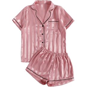 Umenlele Women's Silky Satin Striped Pajamas Short Sleeve Top with Shorts Sleepwear PJ Set in Kuwait