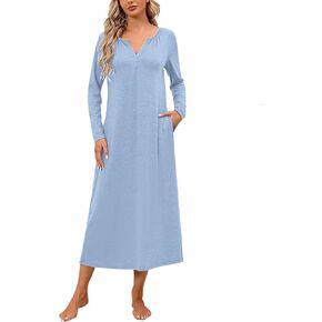 Marvmys Womens Long Sleeve Nightgown Cotton Long Nightshirts Henley Full Length Sleep Shirts with Pocket