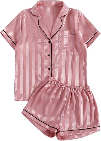 Umenlele Women's Silky Satin Striped Pajamas Short Sleeve Top with Shorts Sleepwear PJ Set in Kuwait