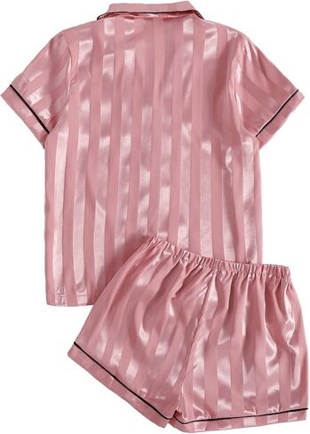 Umenlele Women's Silky Satin Striped Pajamas Short Sleeve Top with Shorts Sleepwear PJ Set in Kuwait