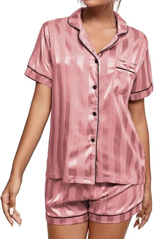 Umenlele Women's Silky Satin Striped Pajamas Short Sleeve Top with Shorts Sleepwear PJ Set in Kuwait