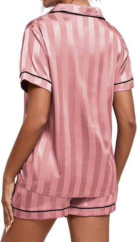 Umenlele Women's Silky Satin Striped Pajamas Short Sleeve Top with Shorts Sleepwear PJ Set in Kuwait