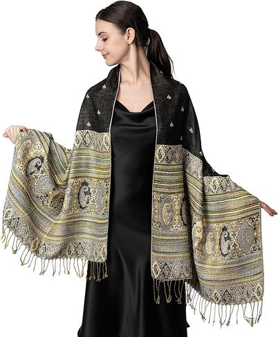 Achillea Reversible Bohemian Pashmina Ethnic Tribal Border Shawl Wrap Scarf in Kuwait