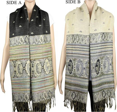 Achillea Reversible Bohemian Pashmina Ethnic Tribal Border Shawl Wrap Scarf in Kuwait