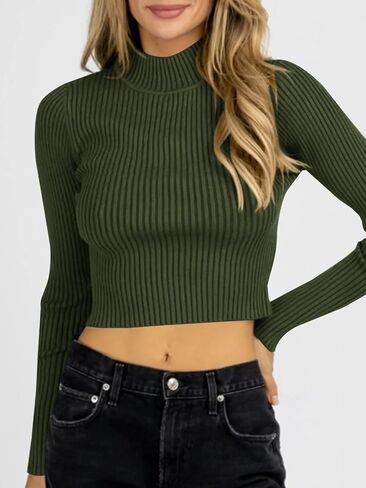 سترات نسائية Langwyqu ذات رقبة وهمية وأكمام طويلة ومتماسكة ومضلعة ومثيرة بقصة ضيقة وسترة ناعمة in Kuwait