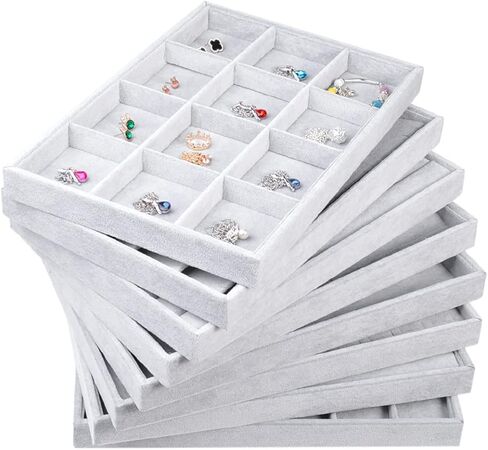 RJ Displays-Ice Grey Velvet Decorative 24 Slot Jewelry Display Box Dresser Top For Necklace, Earrings, Pendants, Organizer, 24 Slot in Saudi Arabia