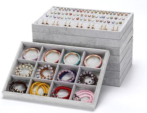 RJ Displays-Ice Grey Velvet Decorative 24 Slot Jewelry Display Box Dresser Top For Necklace, Earrings, Pendants, Organizer, 24 Slot in Saudi Arabia
