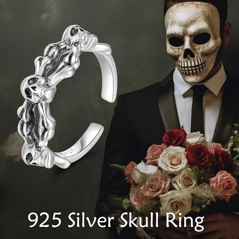 URONE Skull Ring for Women 925 Sterling Silver Open Ring Skeleton Skull Adjustable Rings Gothic Punk Jewelry Gift for Women Men in Saudi Arabia