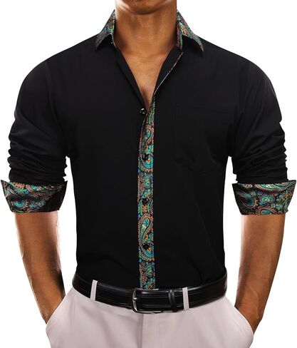 قميص رجالي من YOHOWA بأكمام طويلة بلون موحد وياقة قابلة للتمدد وجيب قابل للتمدد وحفلات العمل وخالي من التجاعيد in Kuwait