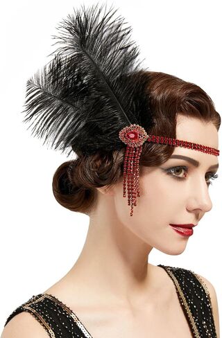 SWEETV Flapper Headbands Womens 1920s Headpiece Great Gatsby Inspired Feather Headband Cocktail Party Rhinestone Hair Accessories for Women, Black in Saudi Arabia