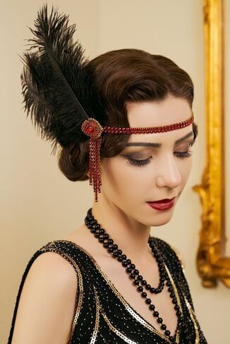 SWEETV Flapper Headbands Womens 1920s Headpiece Great Gatsby Inspired Feather Headband Cocktail Party Rhinestone Hair Accessories for Women, Black in Saudi Arabia