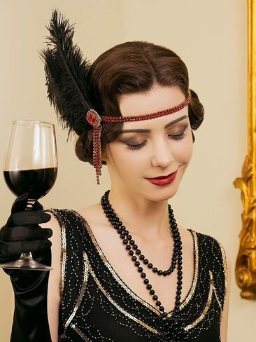 SWEETV Flapper Headbands Womens 1920s Headpiece Great Gatsby Inspired Feather Headband Cocktail Party Rhinestone Hair Accessories for Women, Black in Saudi Arabia