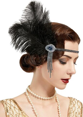 SWEETV Flapper Headbands Womens 1920s Headpiece Great Gatsby Inspired Feather Headband Cocktail Party Rhinestone Hair Accessories for Women, Black in Saudi Arabia