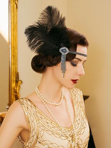 SWEETV Flapper Headbands Womens 1920s Headpiece Great Gatsby Inspired Feather Headband Cocktail Party Rhinestone Hair Accessories for Women, Black in Saudi Arabia